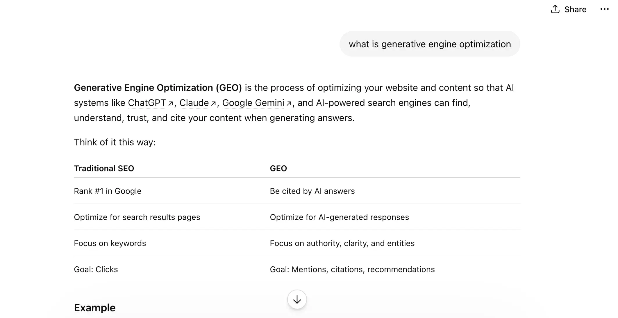 ChatGPT response to 'what is generative engine optimization' week 1 geoexperiment — not cited
