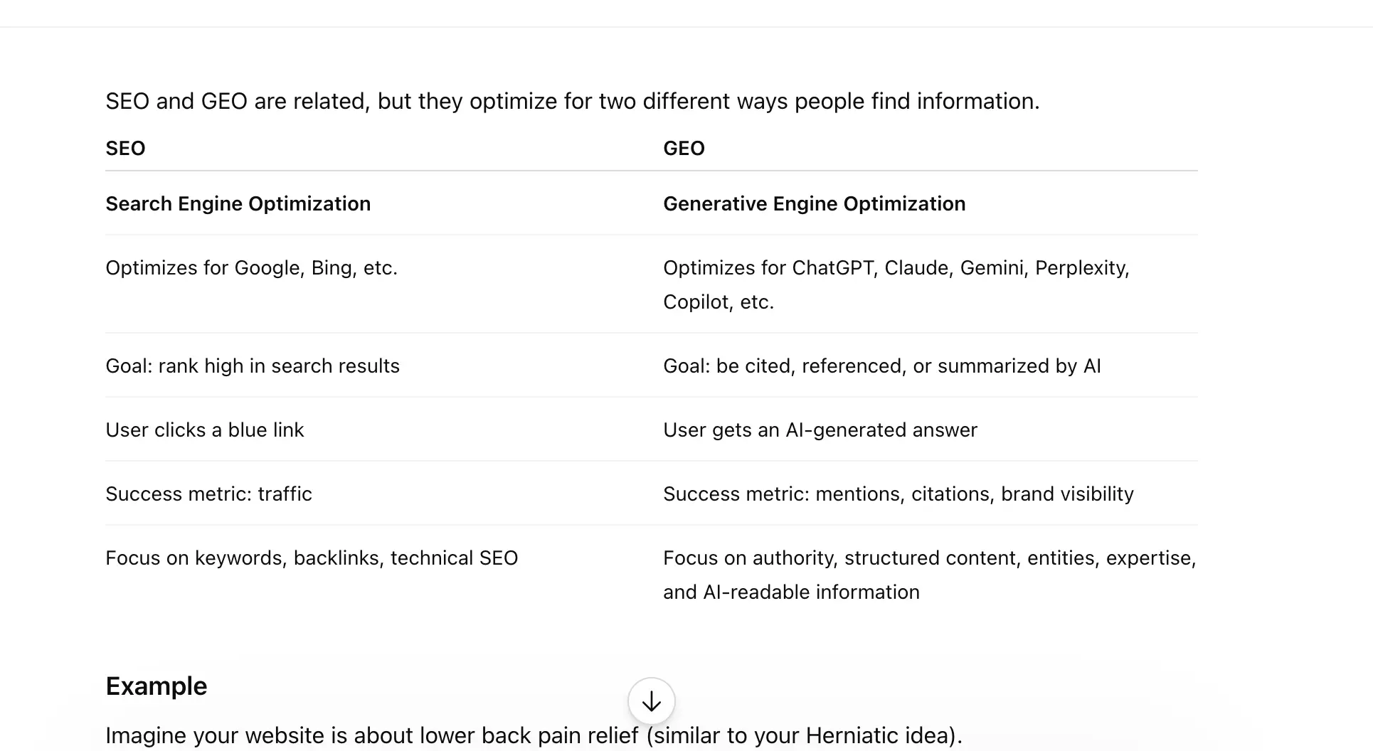 ChatGPT response to 'what is the difference between GEO and SEO' week 1 geoexperiment