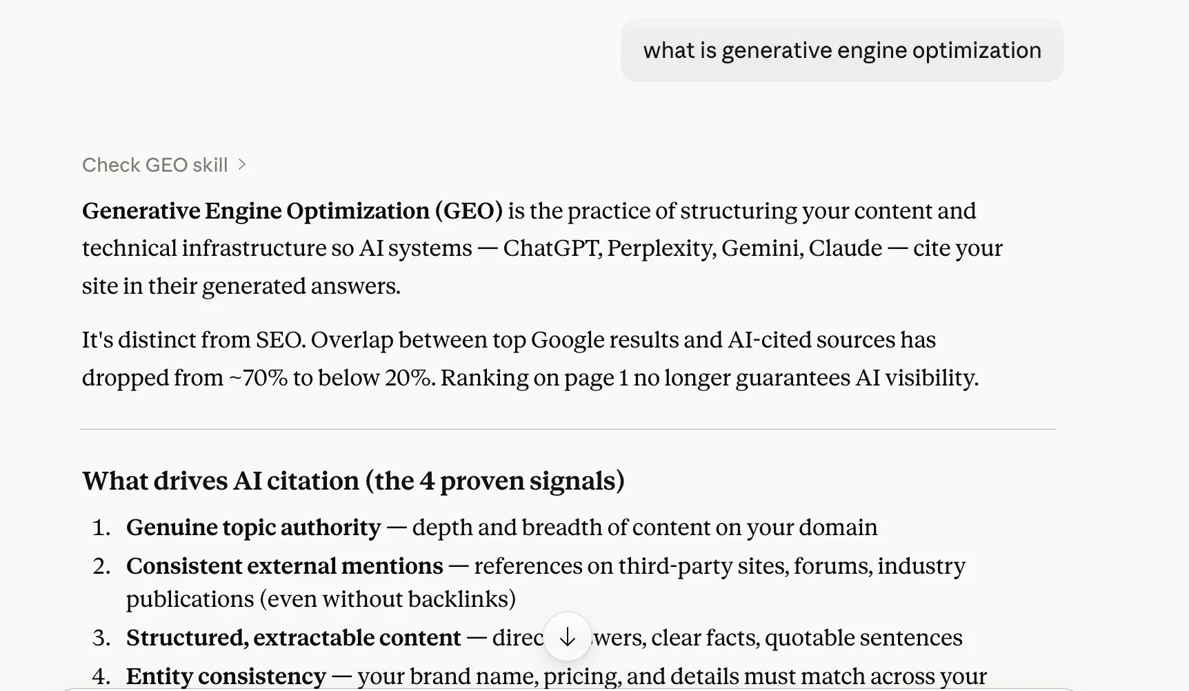 Claude response to 'what is generative engine optimization' week 1 geoexperiment — training cutoff