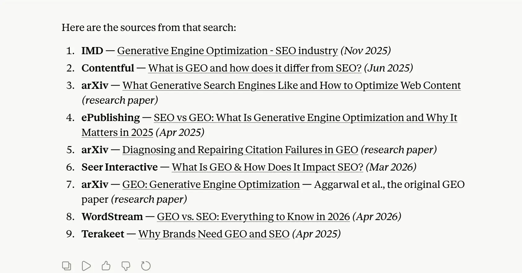 Claude response to 'what is the difference between GEO and SEO' week 1 geoexperiment
