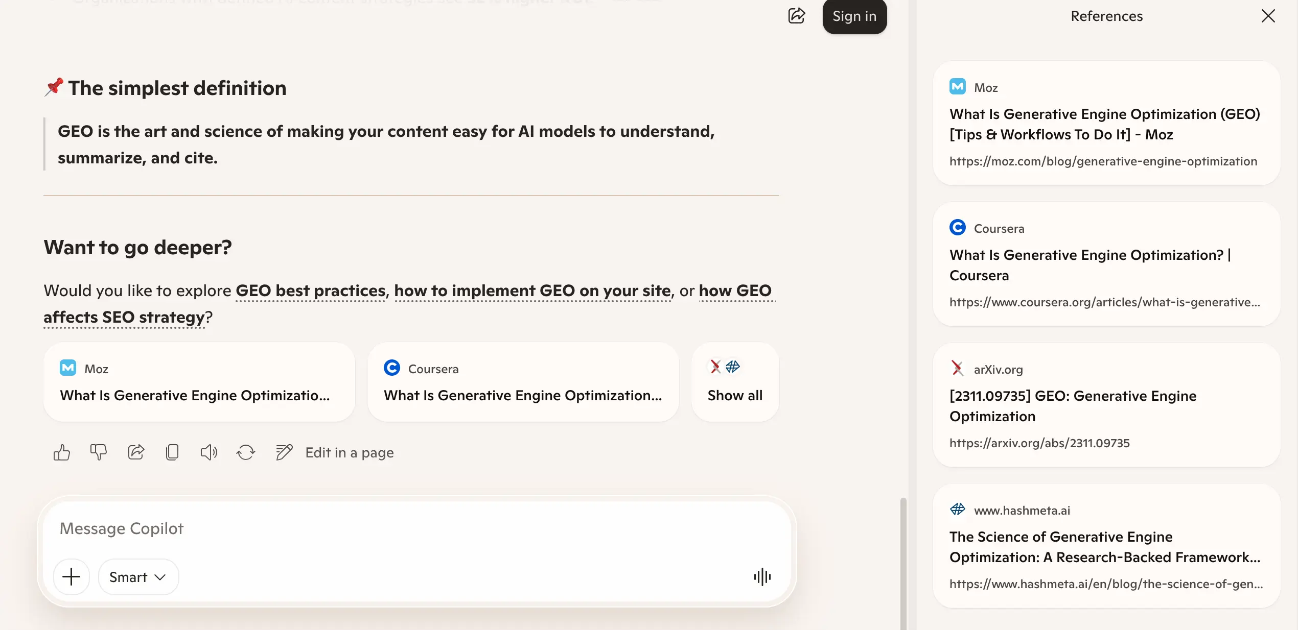 Copilot response to 'what is generative engine optimization' week 1 geoexperiment — not cited