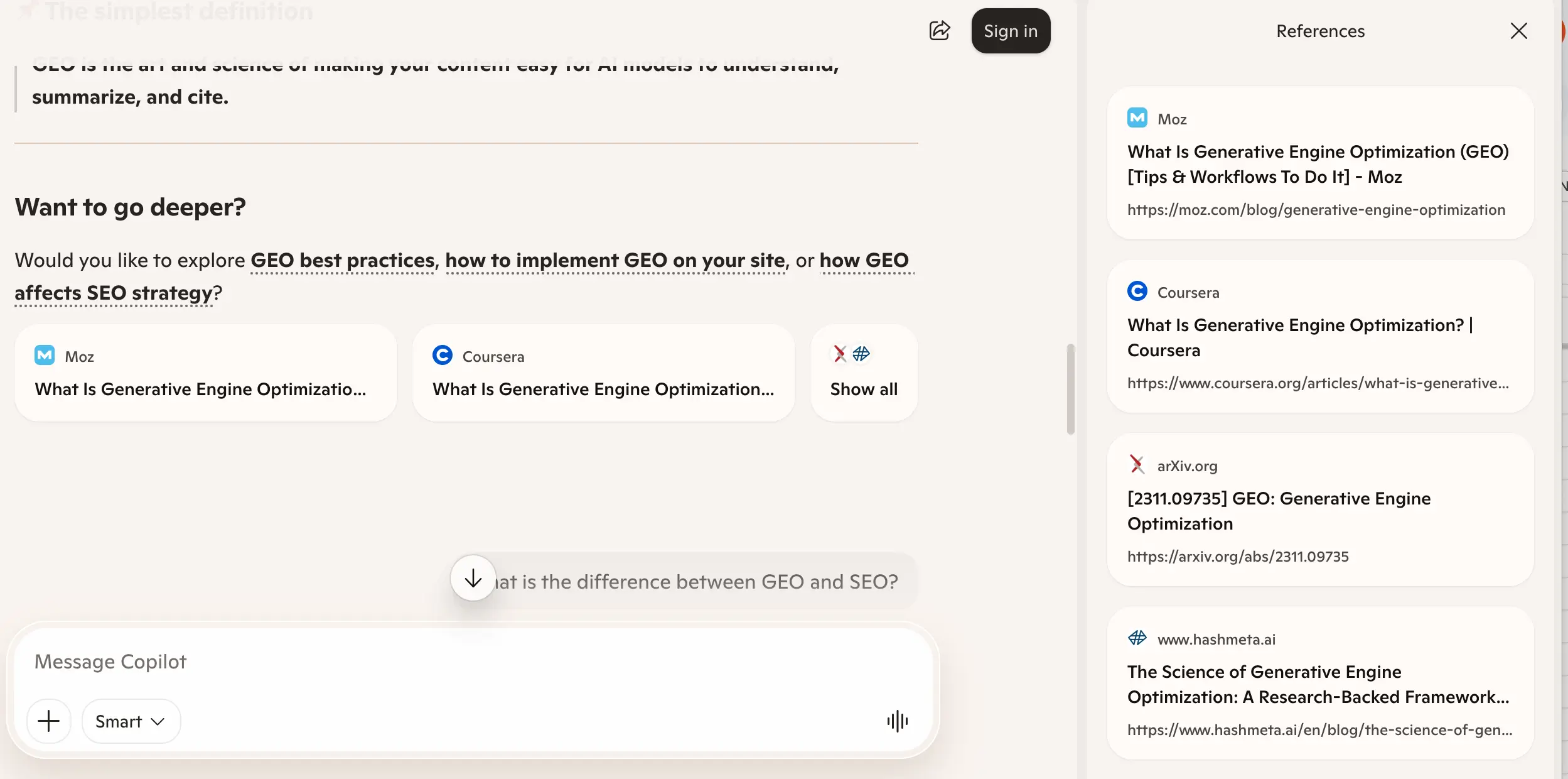 Copilot response to 'what is the difference between GEO and SEO' week 1 geoexperiment