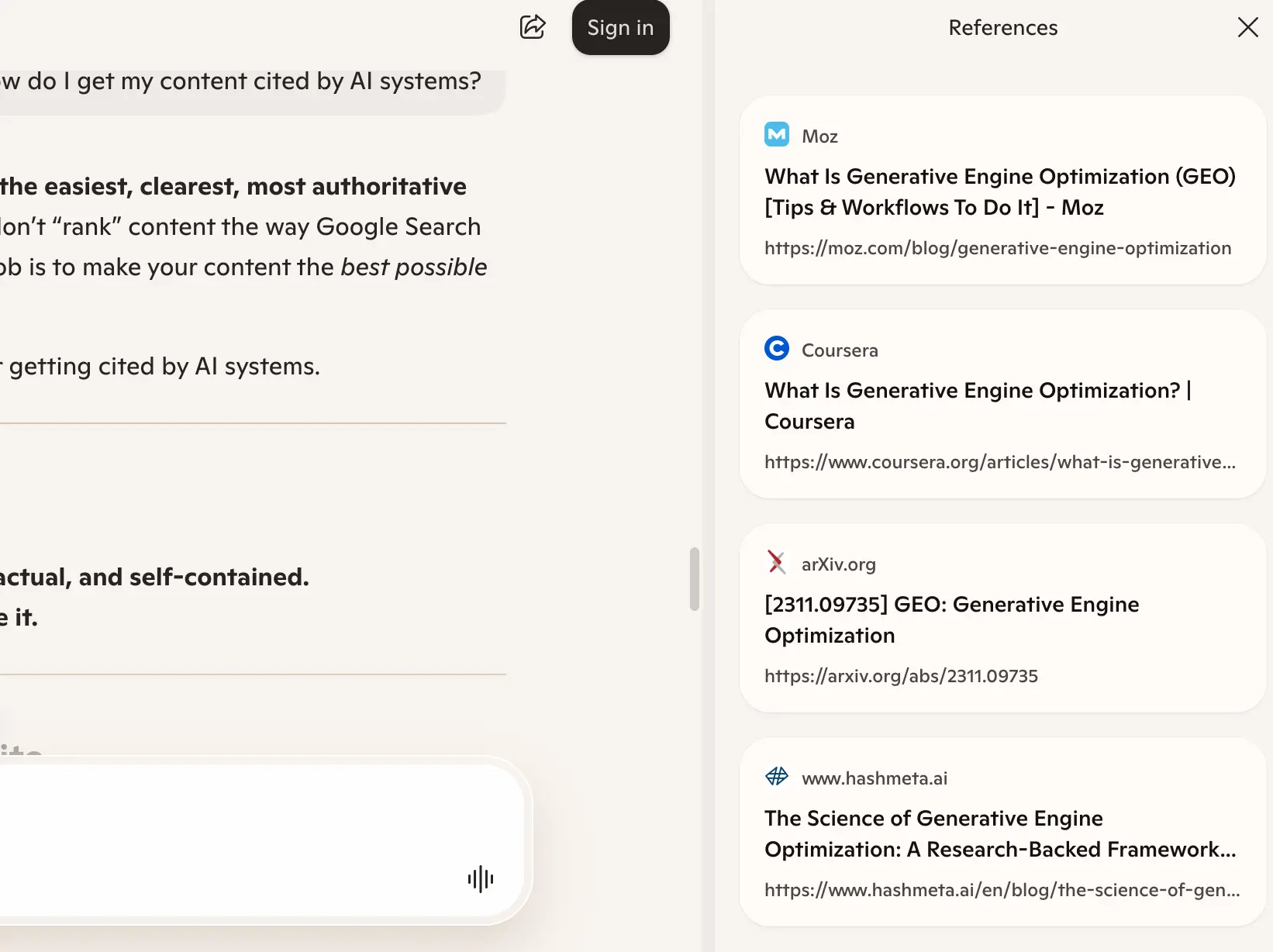 Copilot response to 'how do I get my content cited by AI systems' week 1 geoexperiment