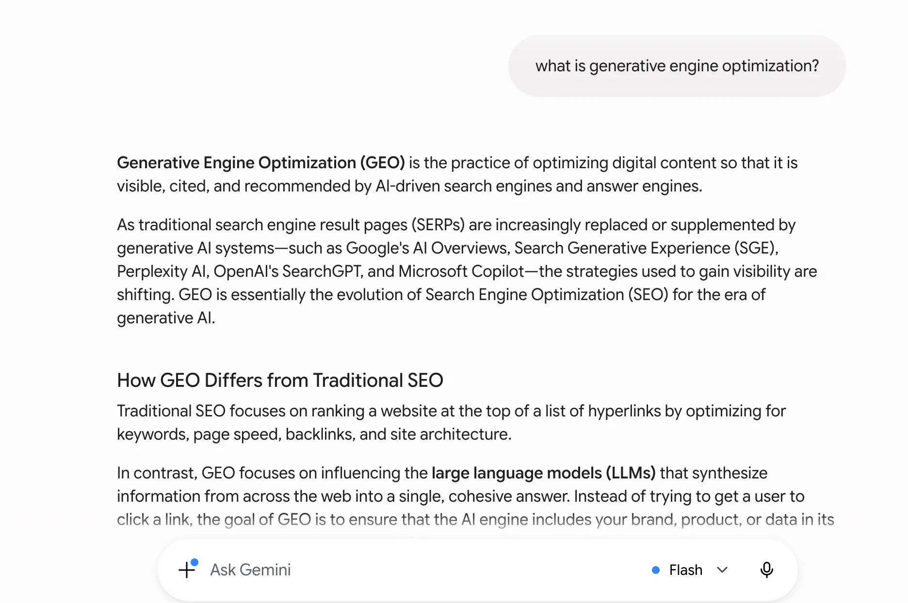 Gemini response to 'what is generative engine optimization' week 1 geoexperiment — not cited