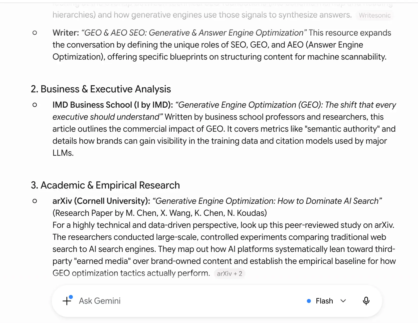 Gemini response to 'what is the difference between GEO and SEO' week 1 geoexperiment