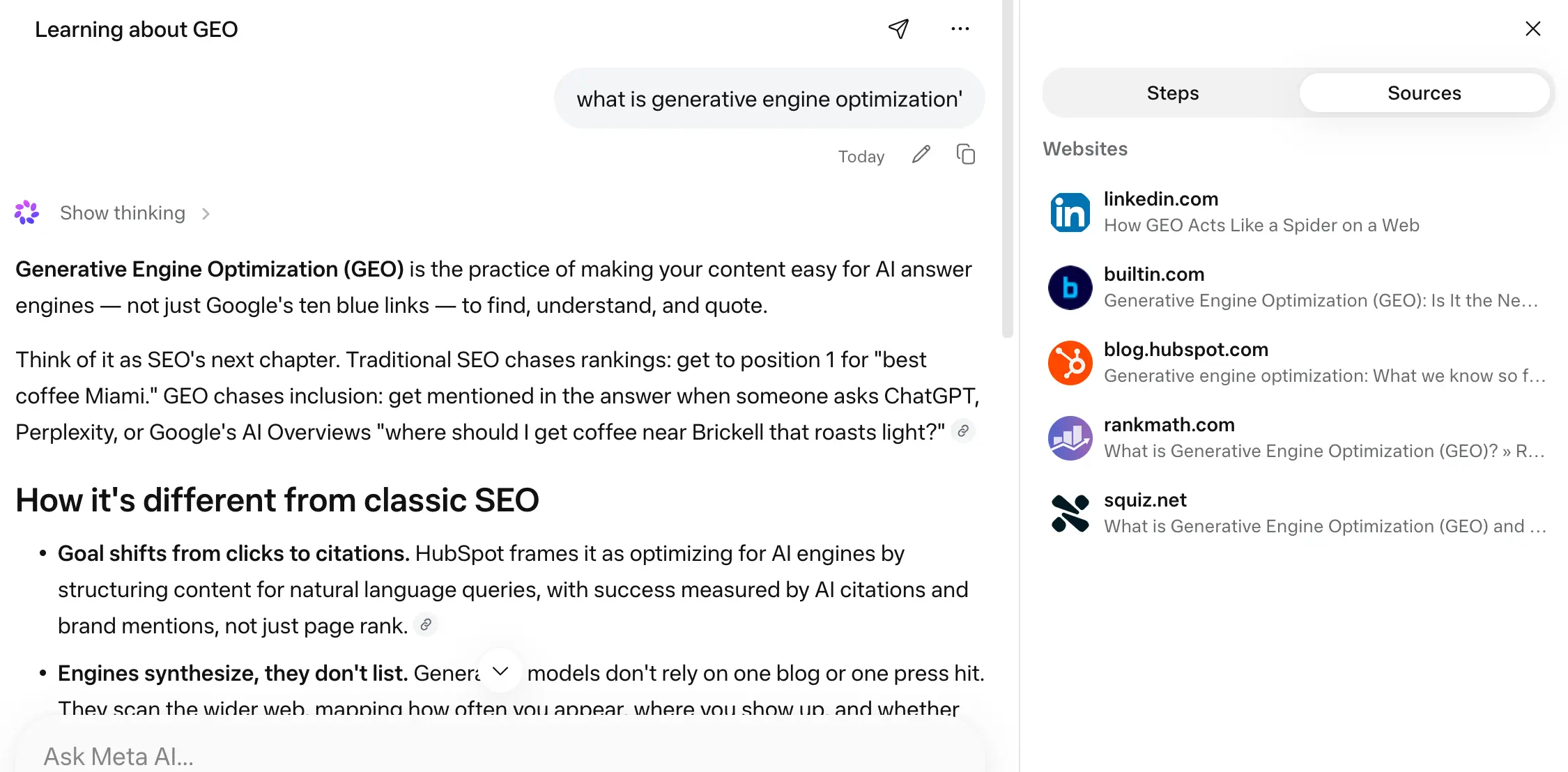 Llama response to 'what is generative engine optimization' week 1 geoexperiment — training cutoff