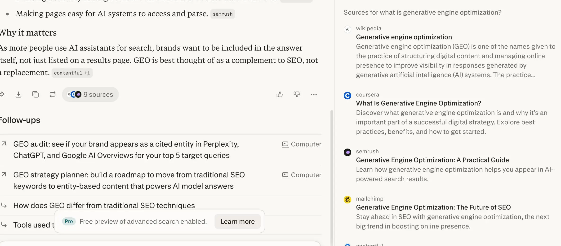 Perplexity response to 'what is generative engine optimization' week 1 geoexperiment — not cited