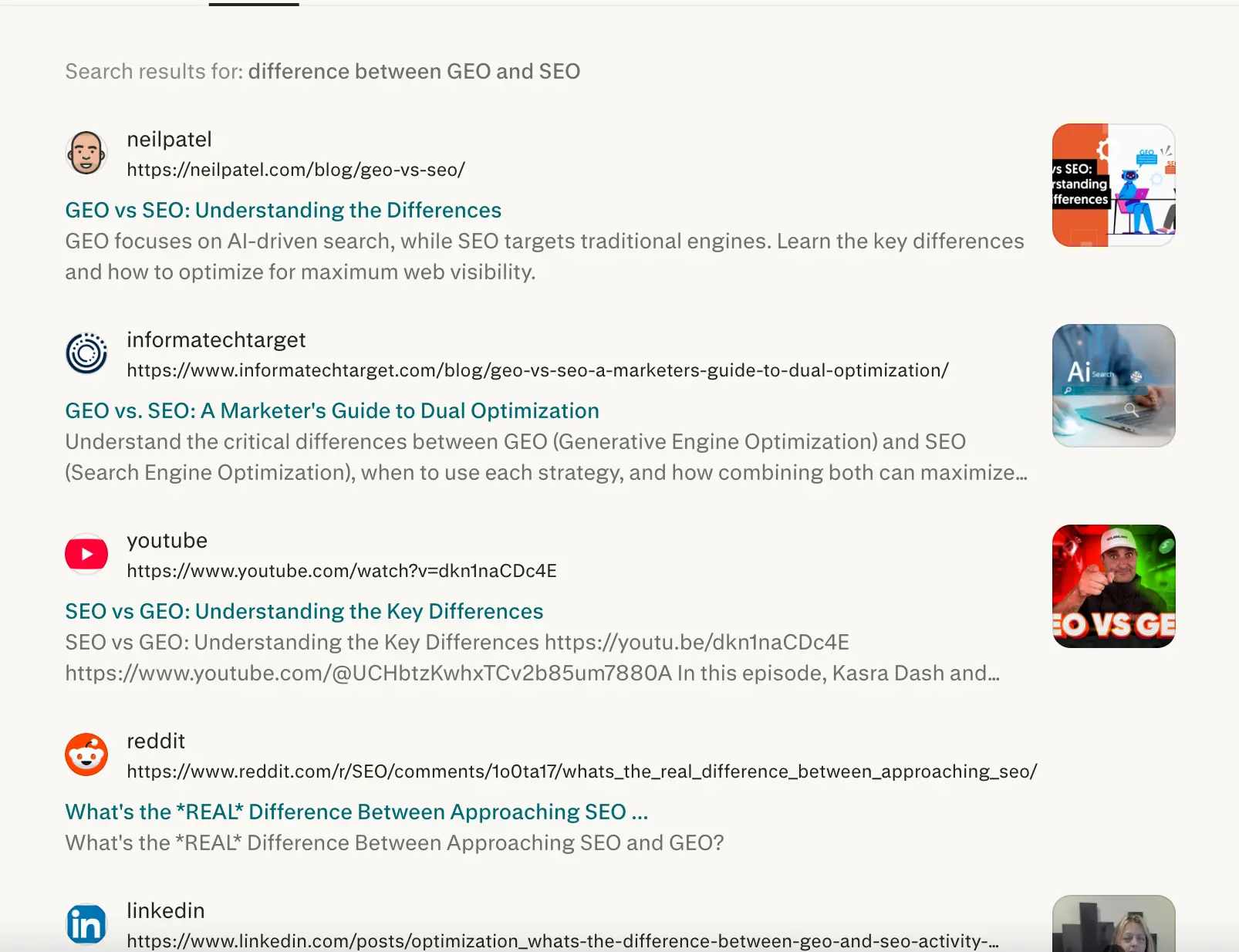 Perplexity response to 'what is the difference between GEO and SEO' week 1 geoexperiment
