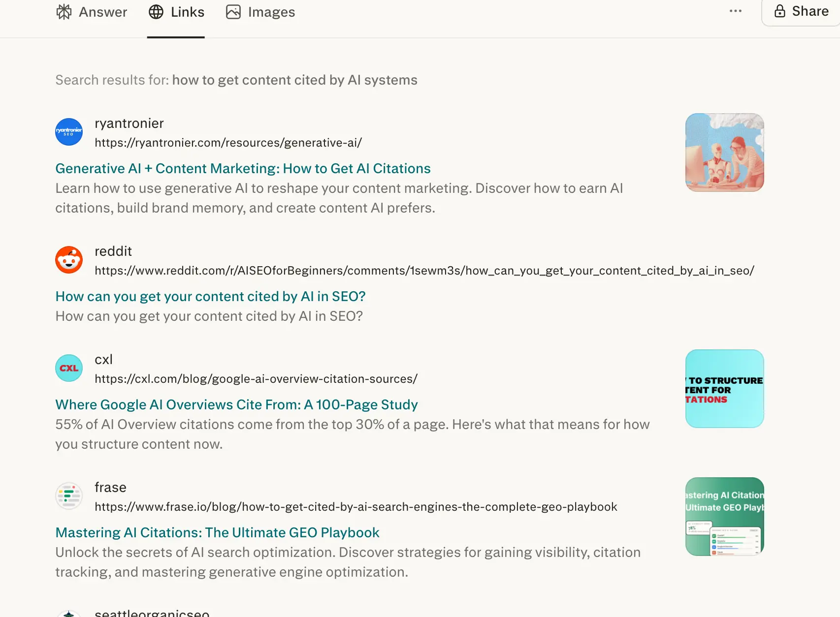 Perplexity response to 'how do I get my content cited by AI systems' week 1 geoexperiment