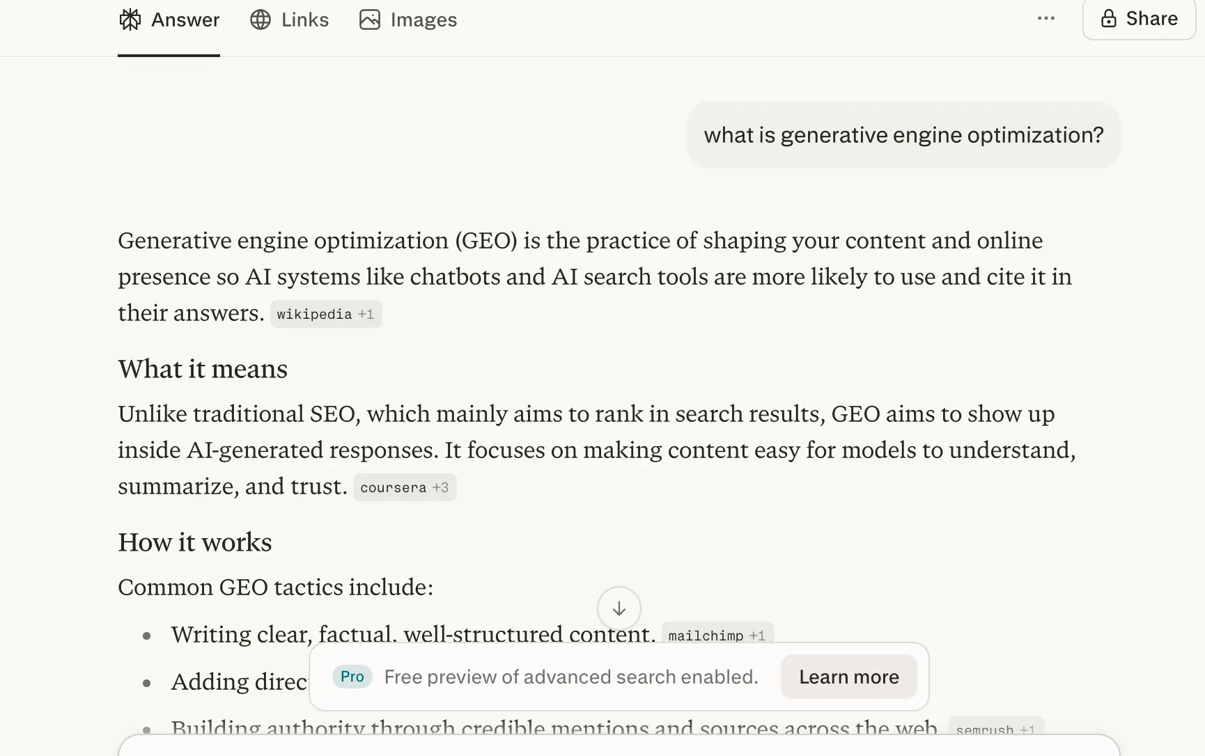 Perplexity response to 'what is generative engine optimization' week 2 geoexperiment