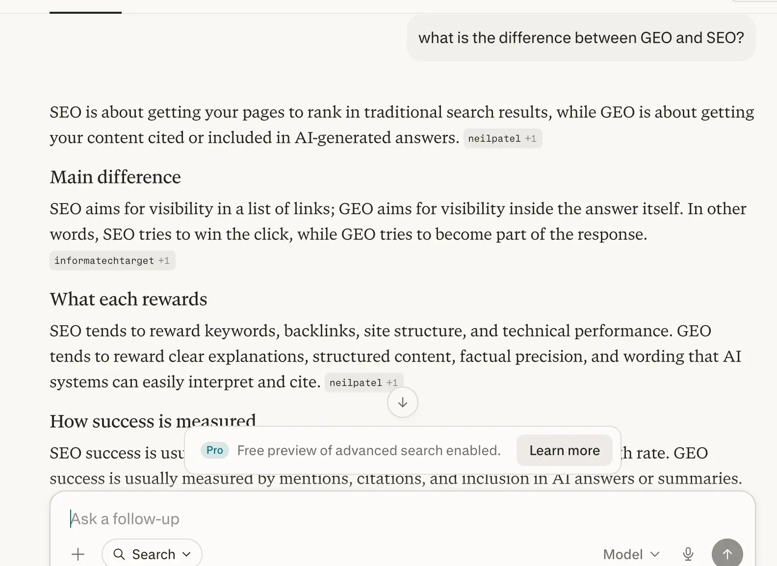 Perplexity response to 'what is the difference between GEO and SEO' week 2 geoexperiment