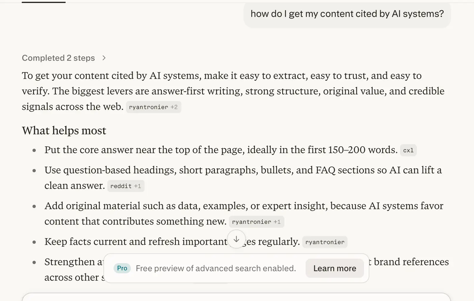 Perplexity response to 'how do I get my content cited by AI systems' week 2 geoexperiment