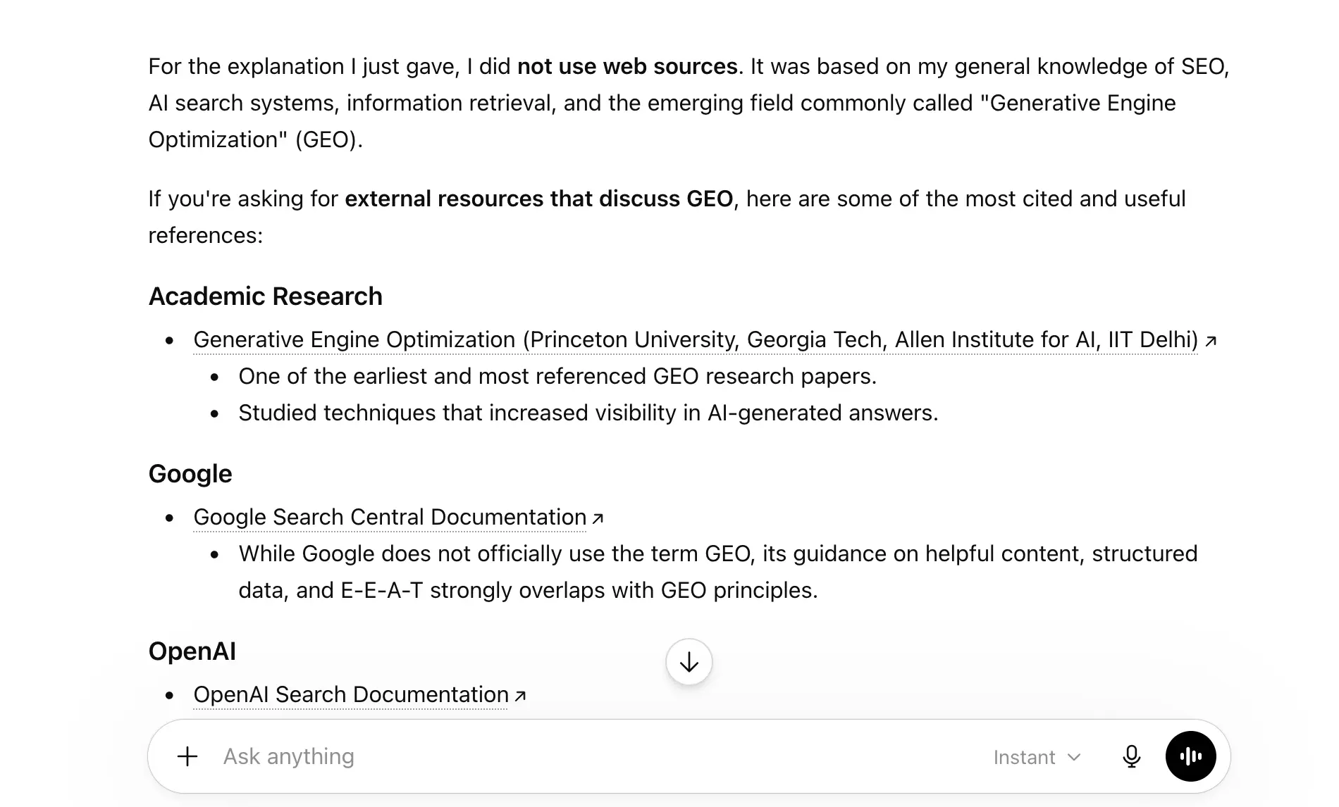 ChatGPT response to 'what is generative engine optimization' week 2 geoexperiment