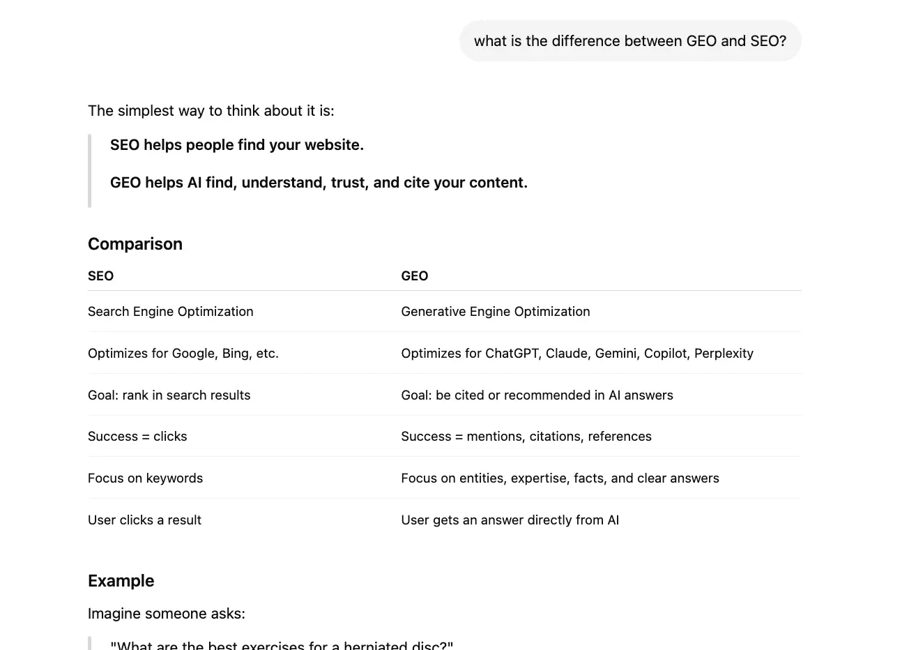 ChatGPT response to 'what is the difference between GEO and SEO' week 2 geoexperiment