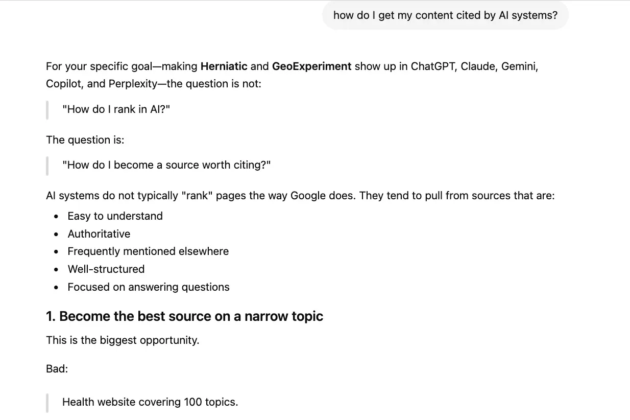 ChatGPT response to 'how do I get my content cited by AI systems' week 2 geoexperiment