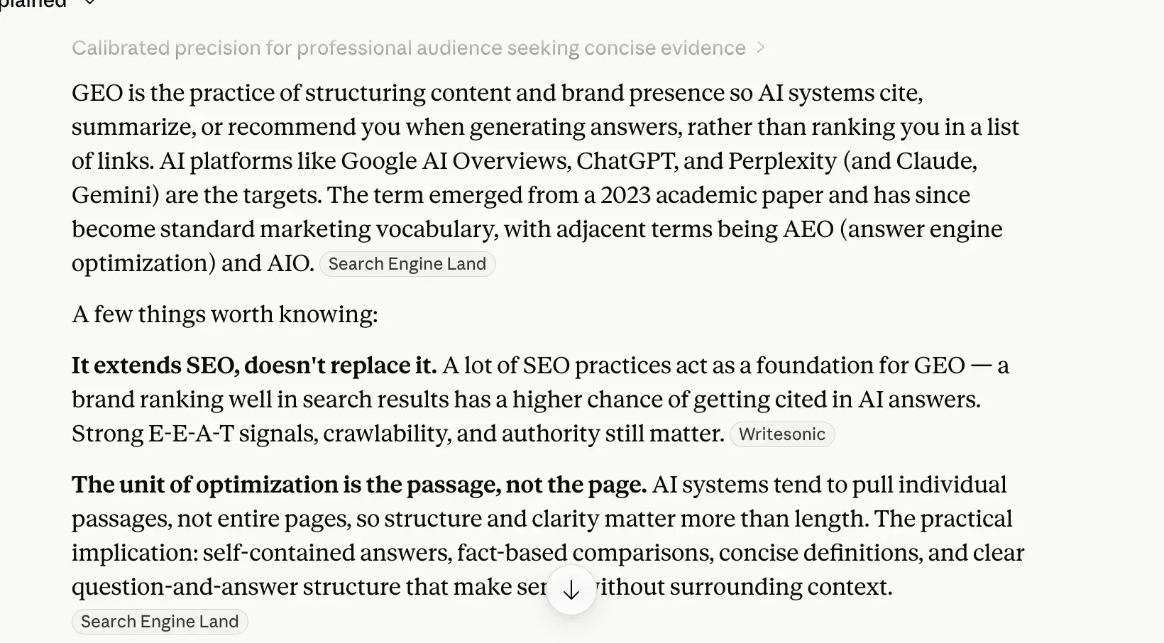 Claude response to 'what is generative engine optimization' week 2 geoexperiment