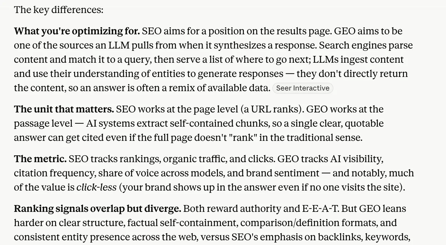 Claude response to 'what is the difference between GEO and SEO' week 2 geoexperiment