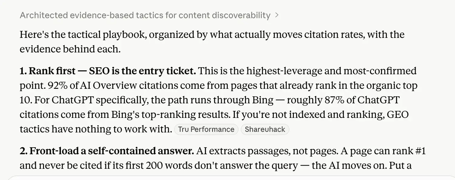 Claude response to 'how do I get my content cited by AI systems' week 2 geoexperiment