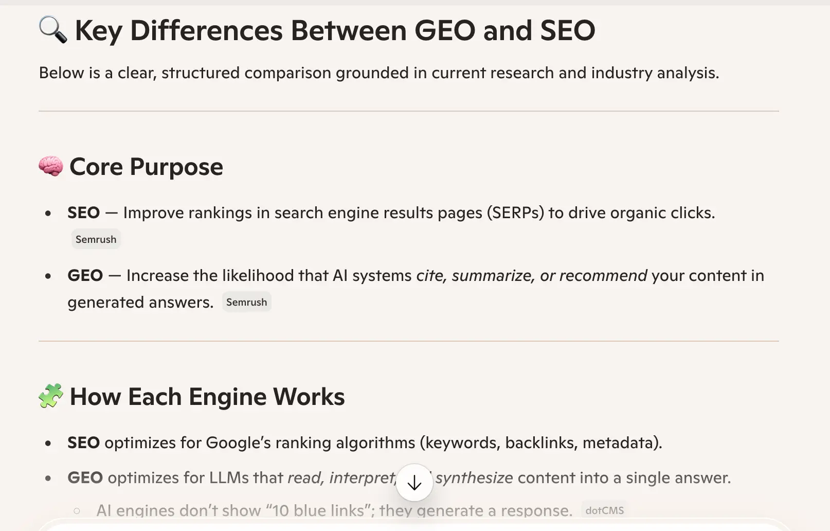 Copilot response to 'what is the difference between GEO and SEO' week 2 geoexperiment