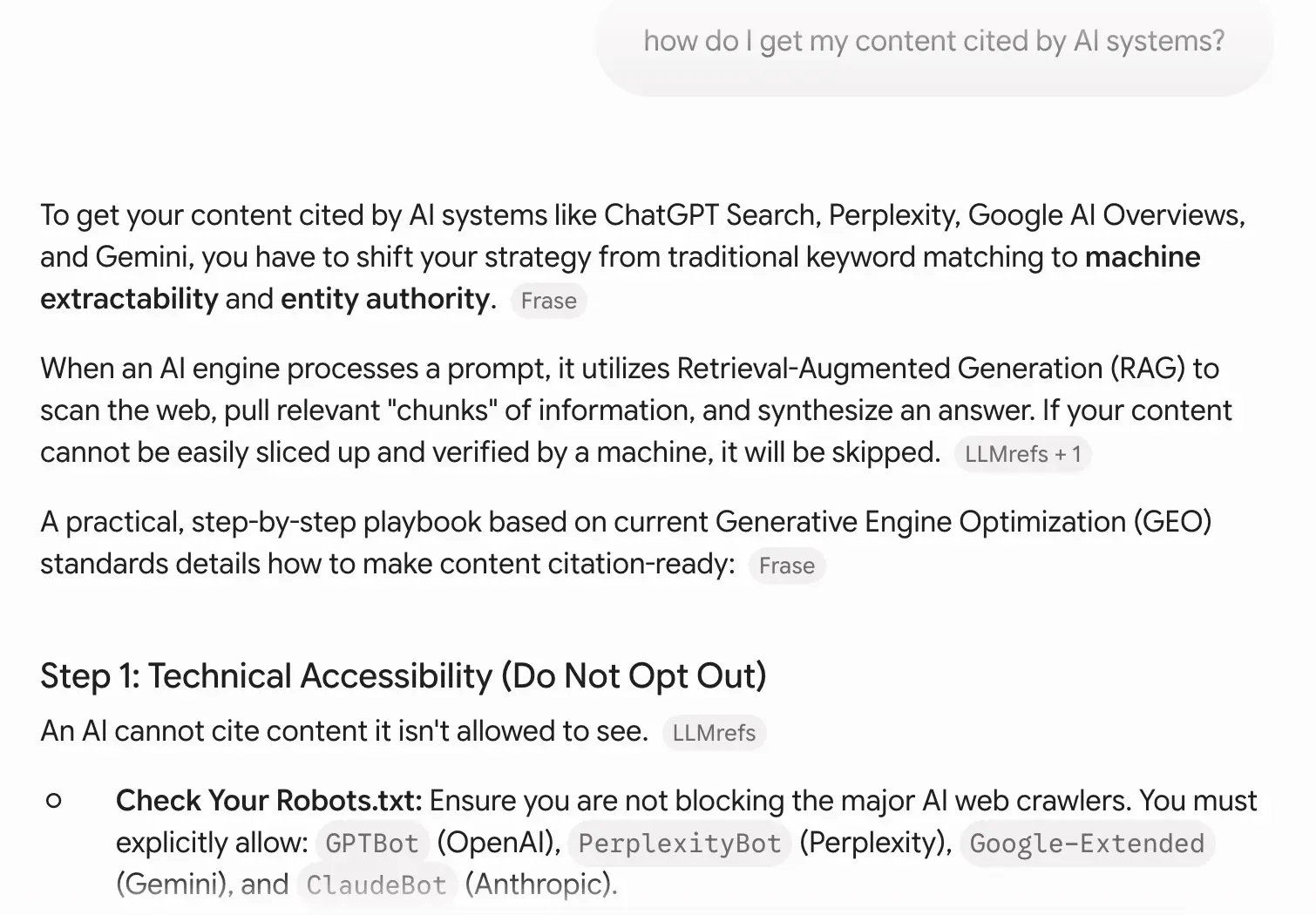 Gemini response to 'how do I get my content cited by AI systems' week 2 geoexperiment