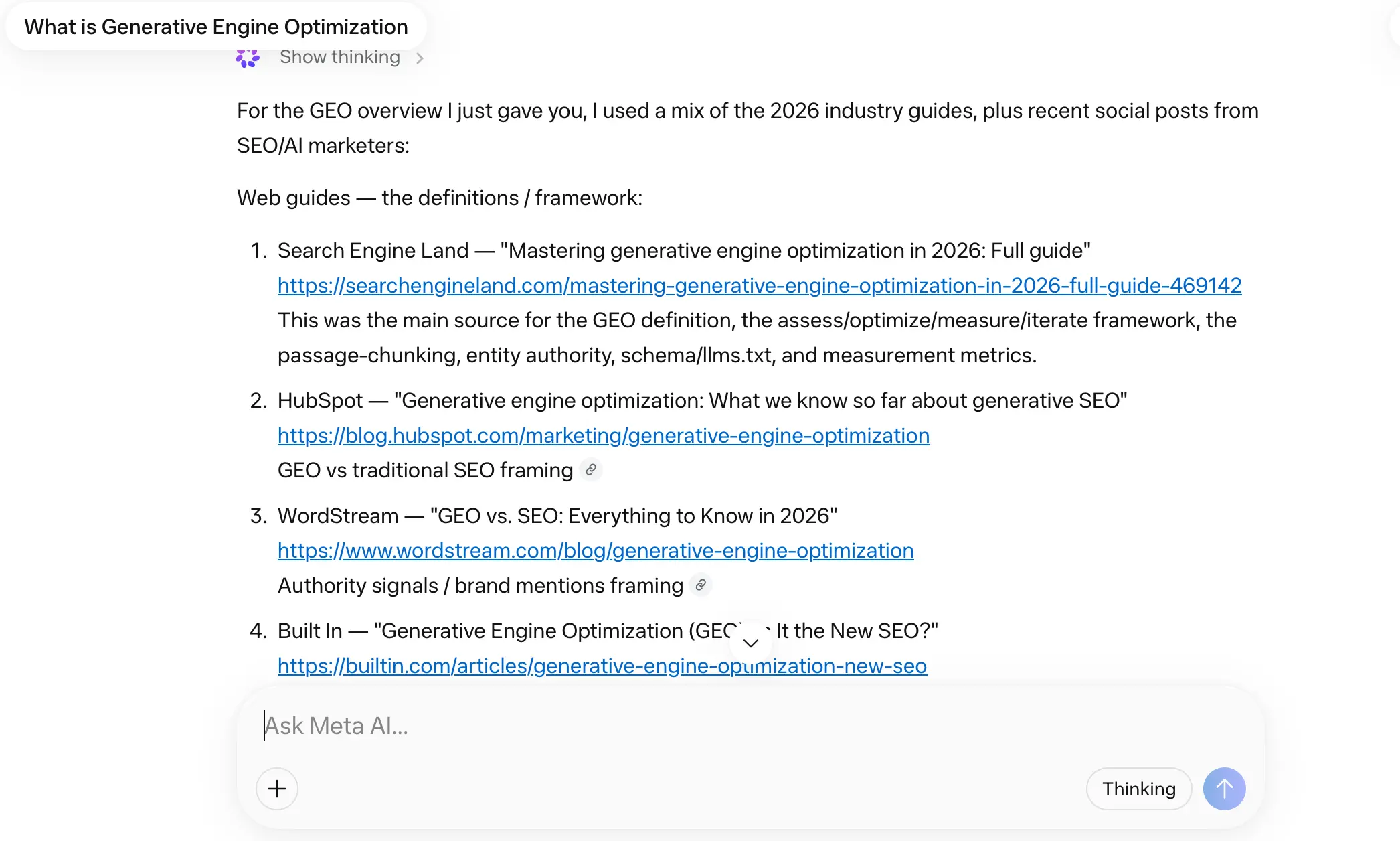 Llama response to 'what is generative engine optimization' week 2 geoexperiment