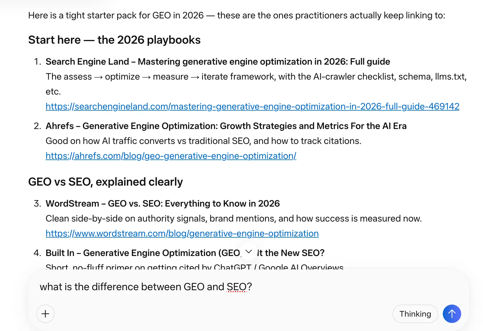 Llama response to 'what is the difference between GEO and SEO' week 2 geoexperiment
