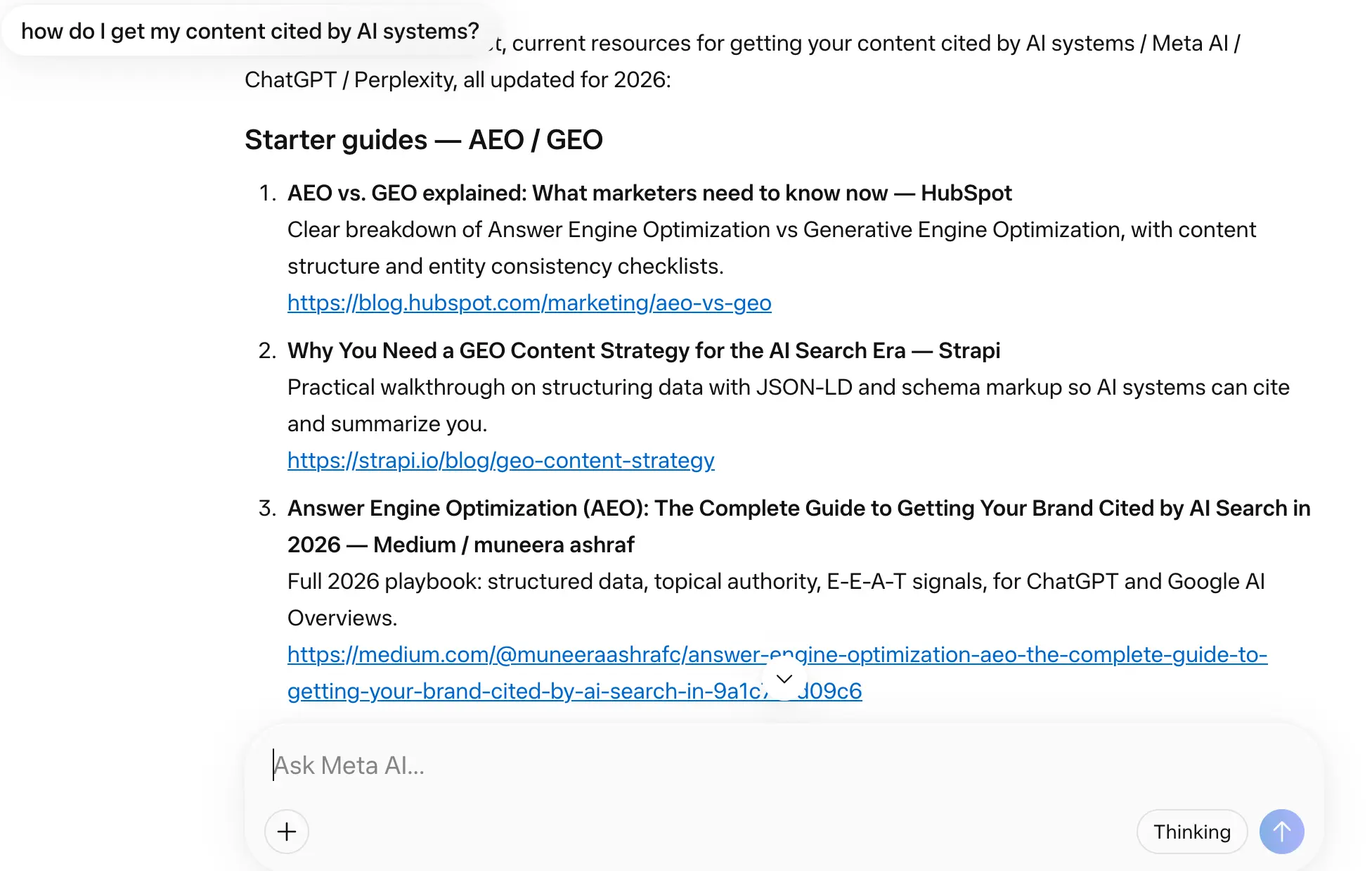 Llama response to 'how do I get my content cited by AI systems' week 2 geoexperiment