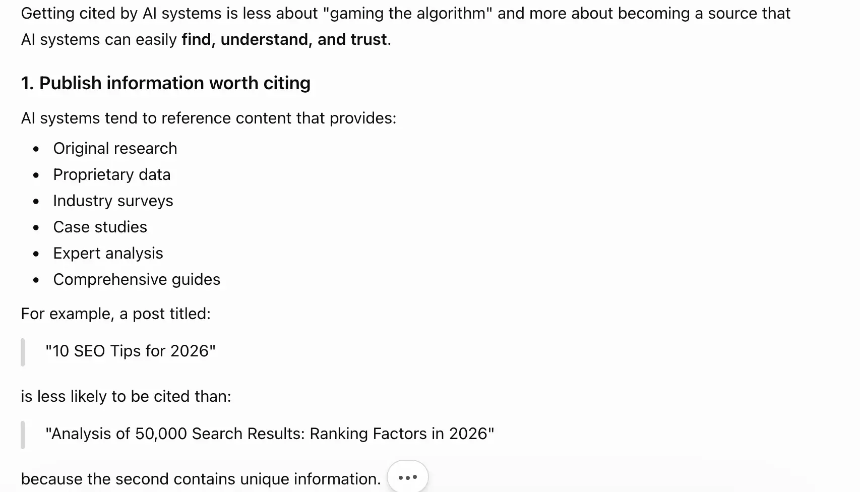 ChatGPT response to 'how do I get my content cited by AI systems' week 3 geoexperiment