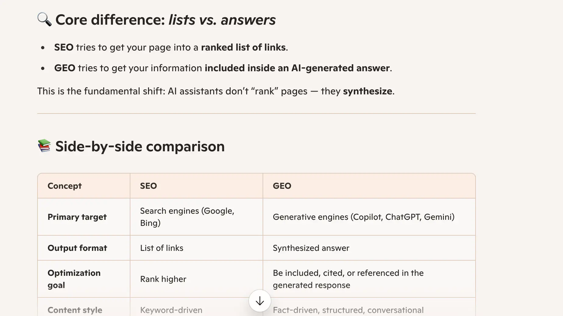Copilot response to 'what is the difference between GEO and SEO' week 3 geoexperiment