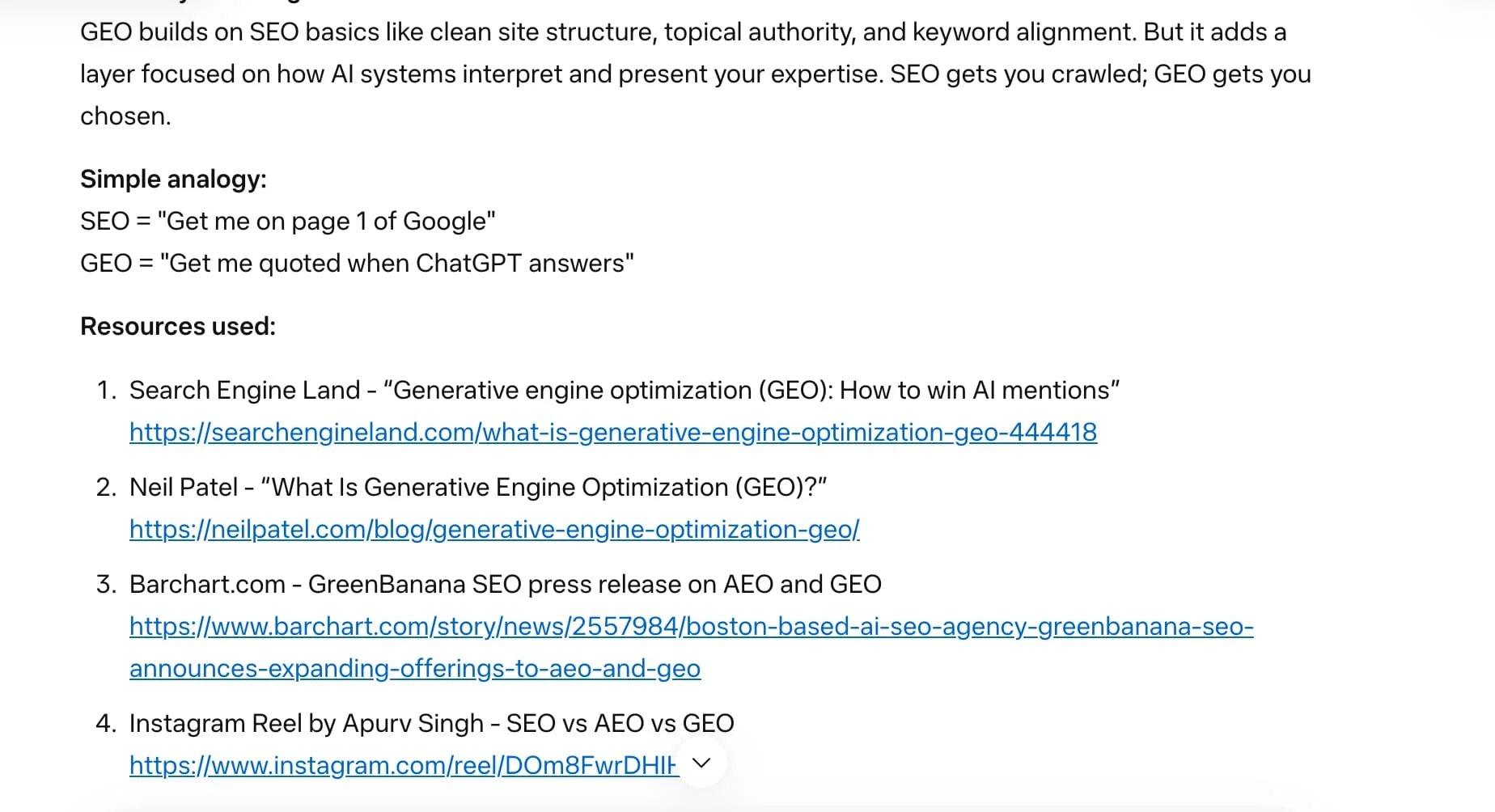 Llama response to 'what is the difference between GEO and SEO' week 3 geoexperiment