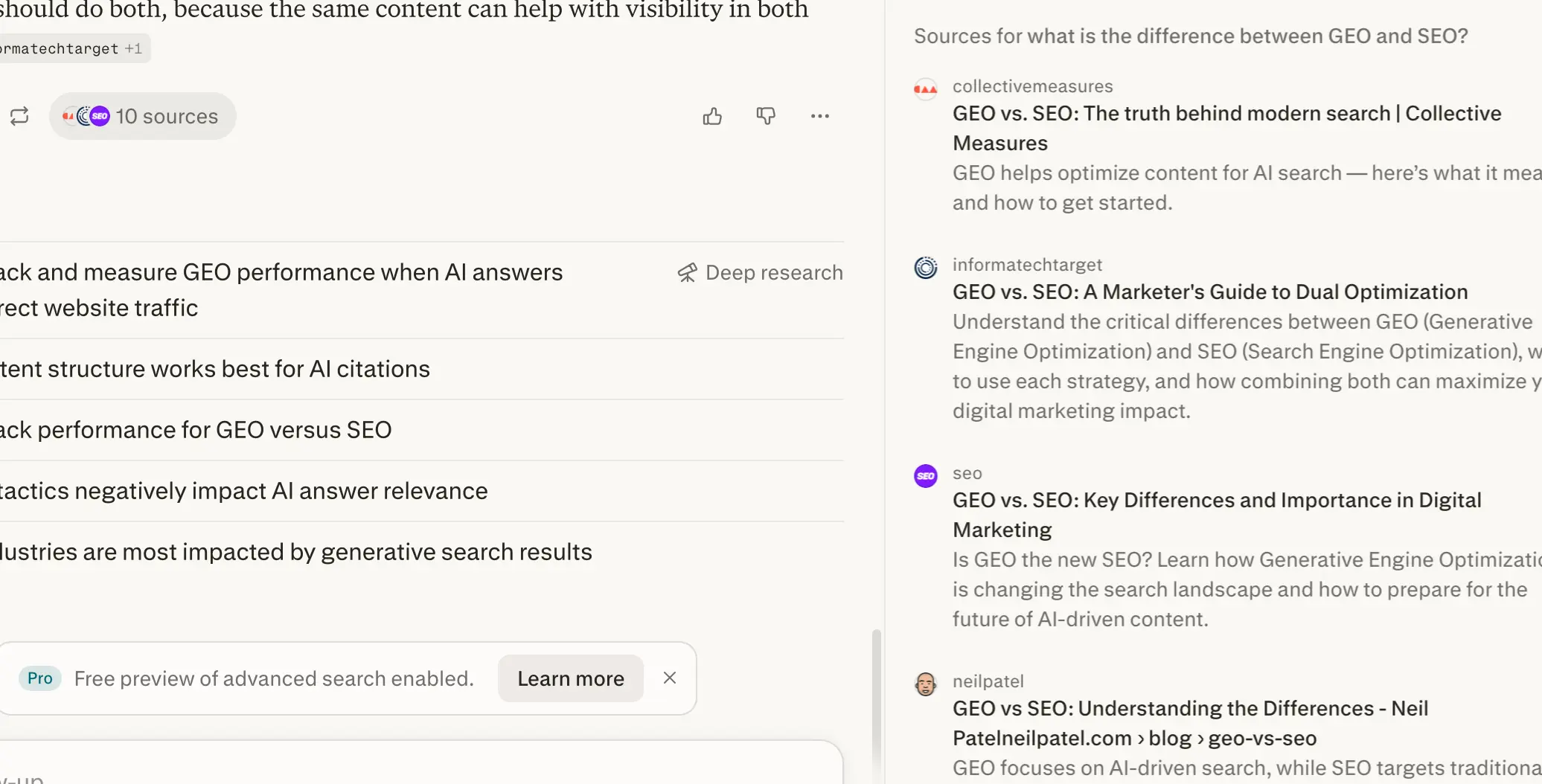 Perplexity response to 'what is the difference between GEO and SEO' week 3 geoexperiment