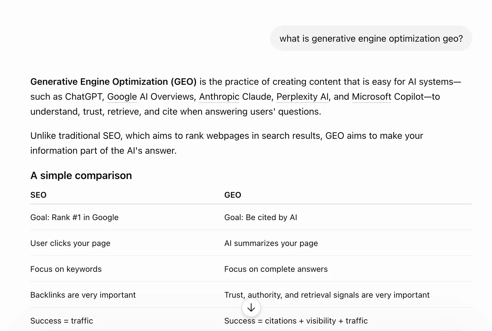 ChatGPT response to 'what is generative engine optimization' week 4 geoexperiment