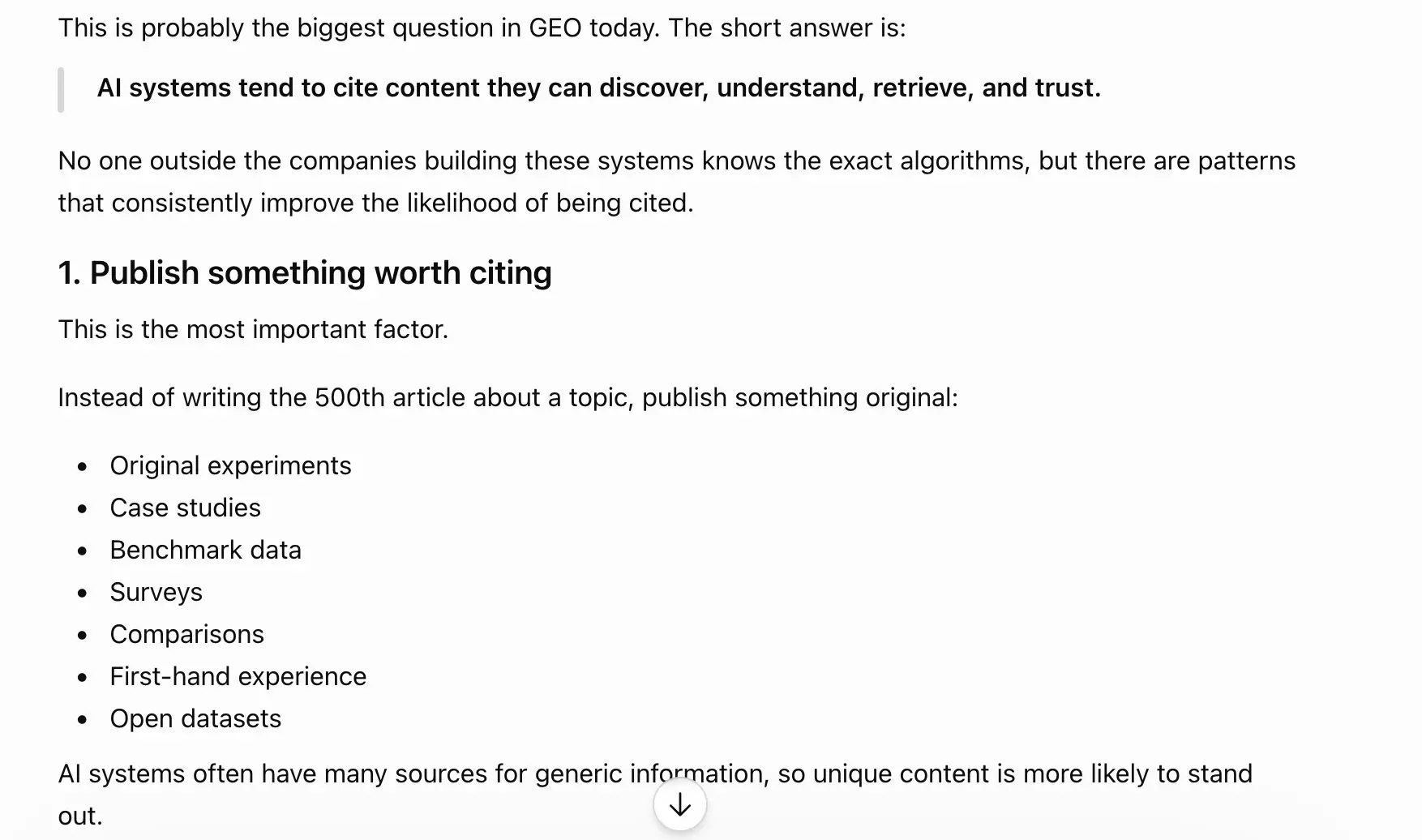 ChatGPT response to 'how do I get my content cited by AI systems' week 4 geoexperiment