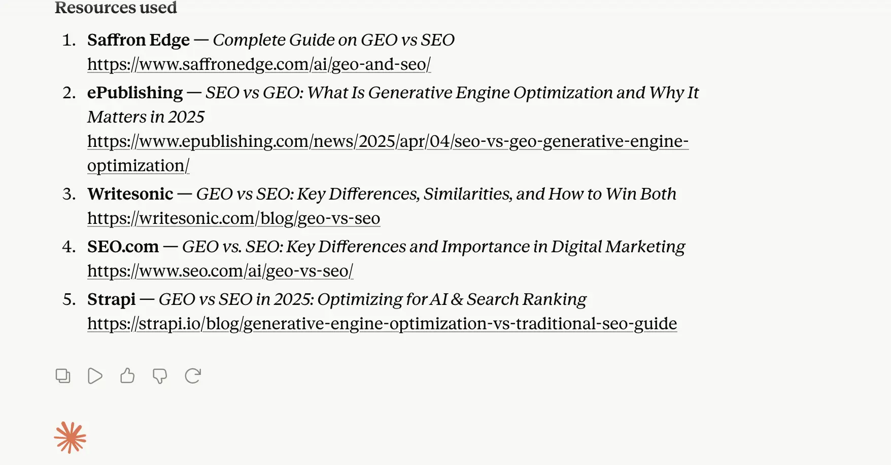Claude response to 'what is the difference between GEO and SEO' week 4 geoexperiment