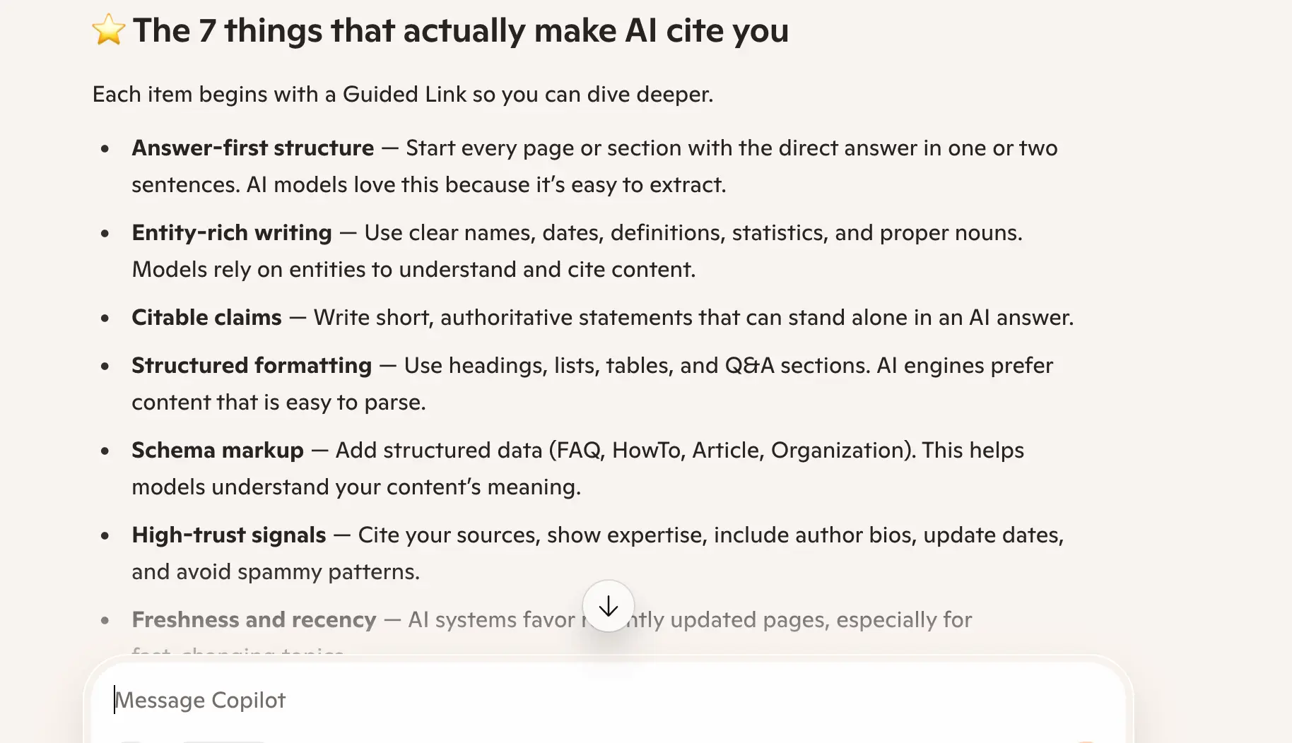 Copilot response to 'how do I get my content cited by AI systems' week 4 geoexperiment