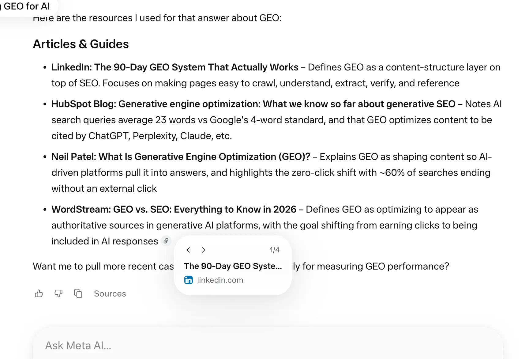 Llama response to 'what is generative engine optimization' week 4 geoexperiment