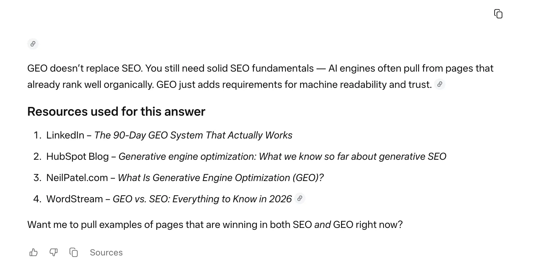 Llama response to 'what is the difference between GEO and SEO' week 4 geoexperiment