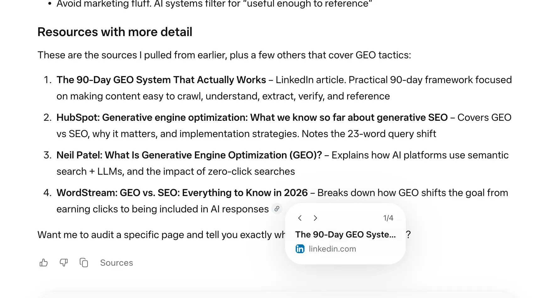 Llama response to 'how do I get my content cited by AI systems' week 4 geoexperiment
