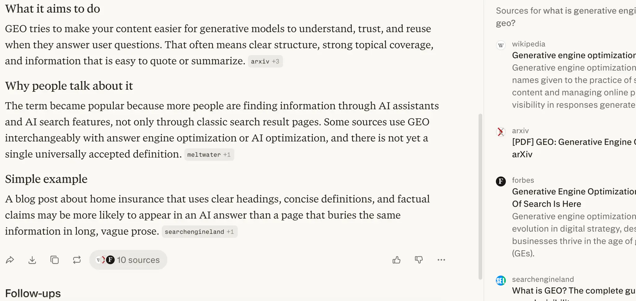 Perplexity response to 'what is generative engine optimization' week 4 geoexperiment