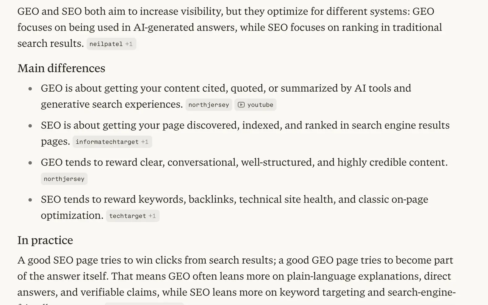 Perplexity response to 'what is the difference between GEO and SEO' week 4 geoexperiment