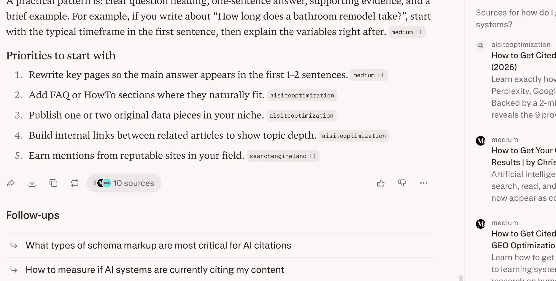 Perplexity response to 'how do I get my content cited by AI systems' week 4 geoexperiment